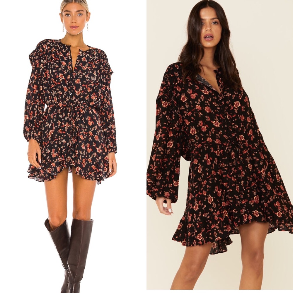 Free People Flower Fields Long Sleeve Floral Boho Flowy Mini Dress